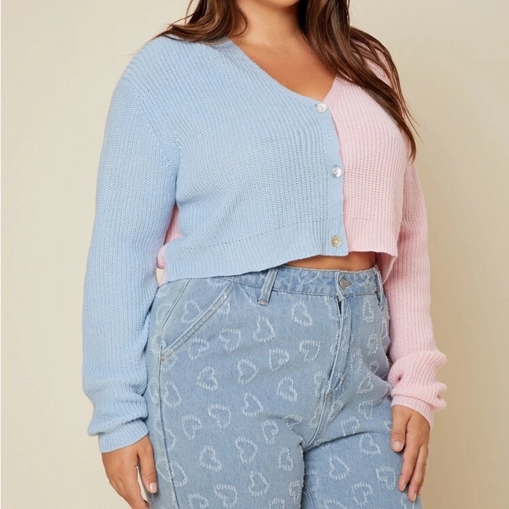 SHEIN PLUS TWO TONE DROP SHOULDER BUTTON UP CROP CARDIGAN